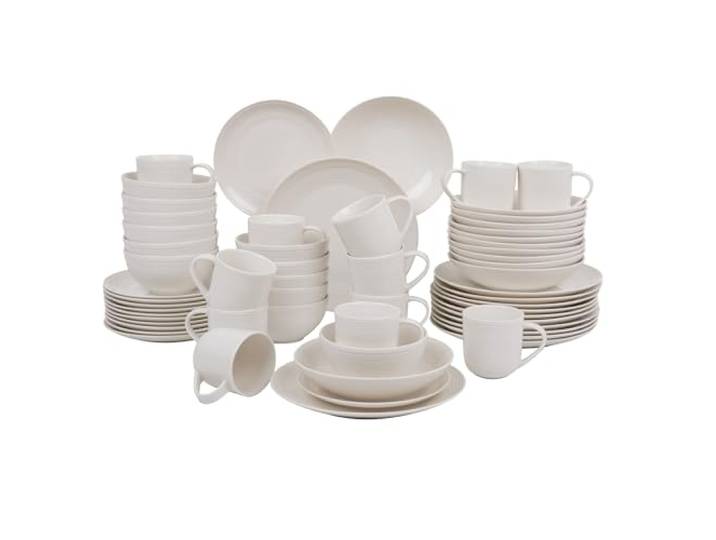 AMBITION Tafel und Kaffeeservice 12 personen Linea 60-teilig Porzellan Teller Tassen Schalen dezente Linien Spülmaschine & Mikrowelle weiß