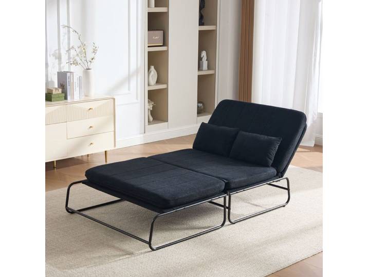 HOMVRA Canapé convertible 2 places en chenille noir structure métal avec poches latérales