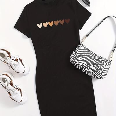 Women Boutique Women Short Sleeve O Neck Loose Casual Dresses, Fashion High Quality Short Sleeve Loose Sports T shirt, Breathable Top black xxl