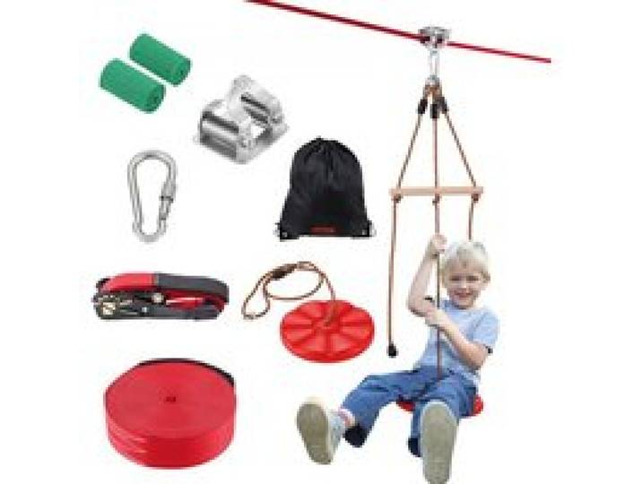 VEVOR Tyrolienne pour Enfants et Adultes 19,8 m, Kit de Tyrolienne Complet Charge 227 kg, Configuration Facile, avec Harnais de Sécurité en Nylon, Siège et Guidon, pour Jardin Arrière-cour Extérieur