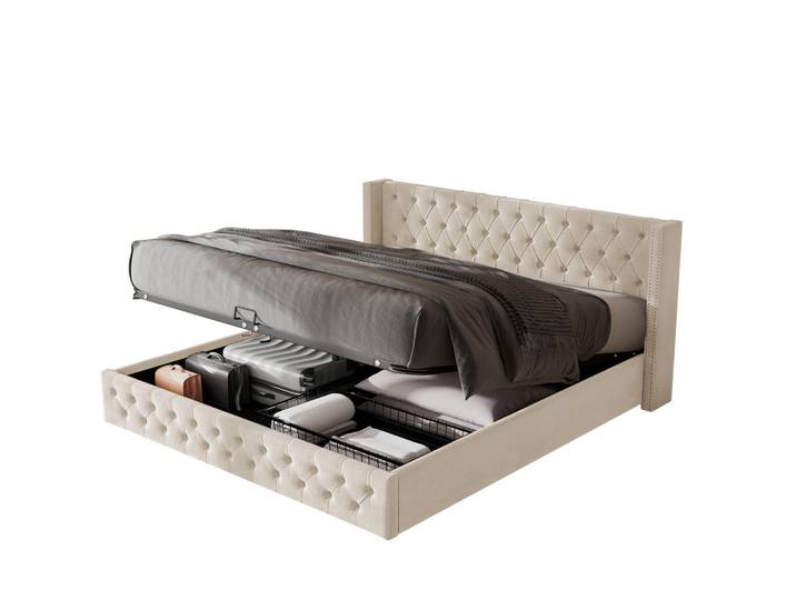 Flieks Polsterbett 160x200 Ohrenform Samt Hydraulisch Beige, 160x200 cm, Schlafzimmer, Betten, Polsterbetten