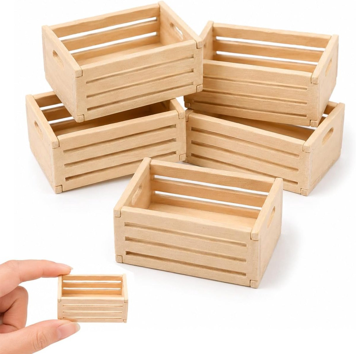 SnelShoppen Set van 5 Mini Houten Opbergmanden - Handgemaakte Miniatuur Dennenhouten Dozen voor Decoratie en Opslag