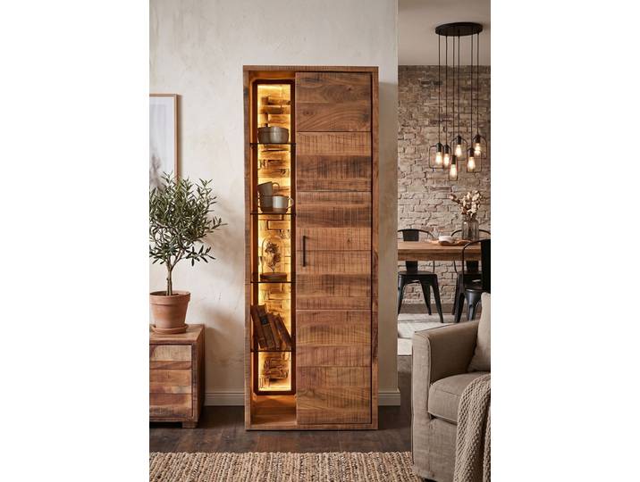 Vitrine inkl. Beleuchtung 60x180cm 'Livorno'' Akazie massiv sägerau