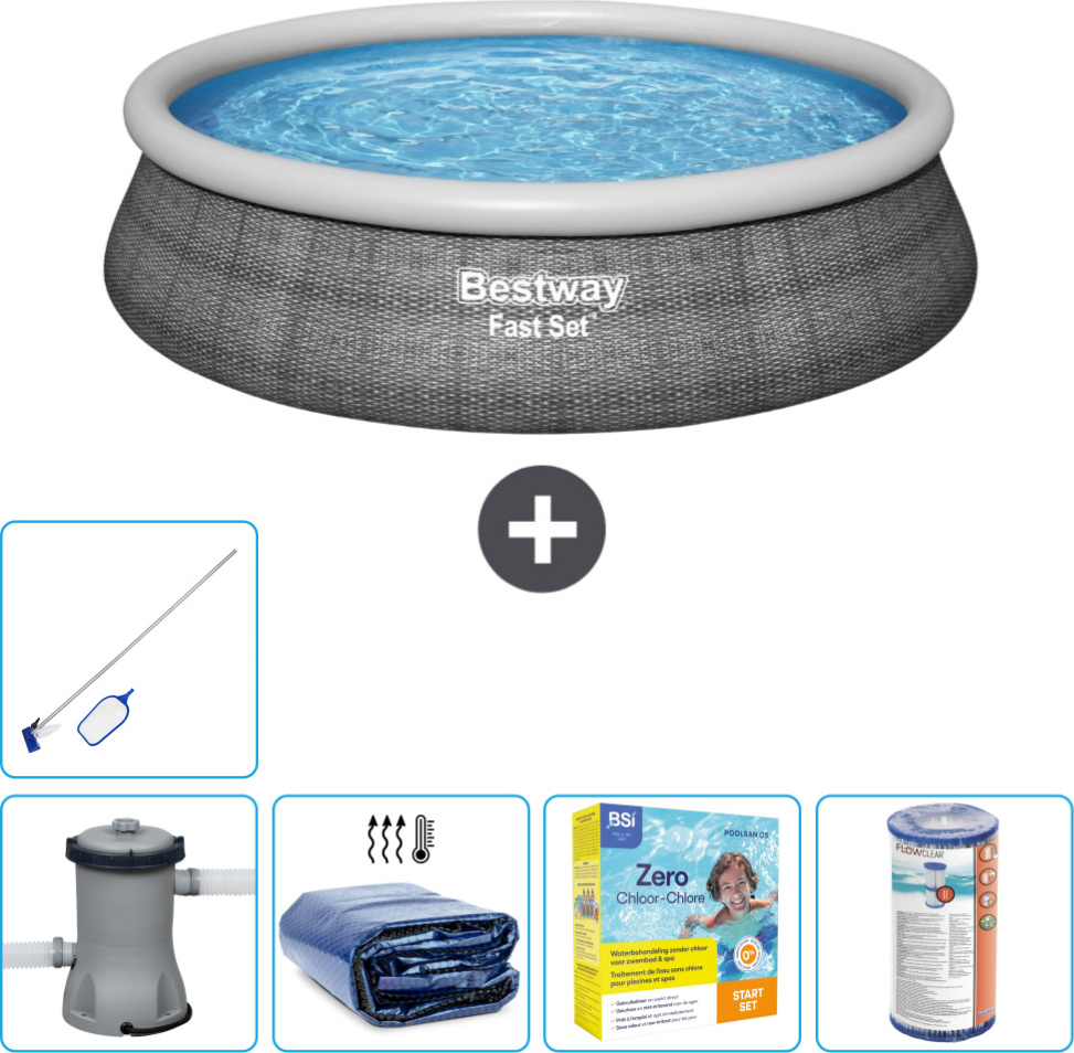 Bestway runder aufblasbarer Fast-Set-Pool - Rattan-Druck - 457 x 84 cm - inklusive Pumpe Sonnensegel - Wartungspaket - Filter - Reinigungskit