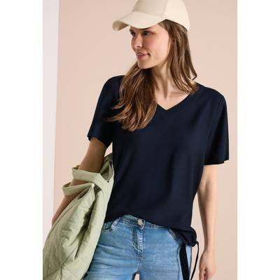 Kurzarmbluse CECIL, Damen, Gr. XL (44), universal blau, Stoff, 100% Viskose, unifarben, klassisch normal, V-Ausschnitt, normaler Saum, Blusen, mit Knotendetail am Saum