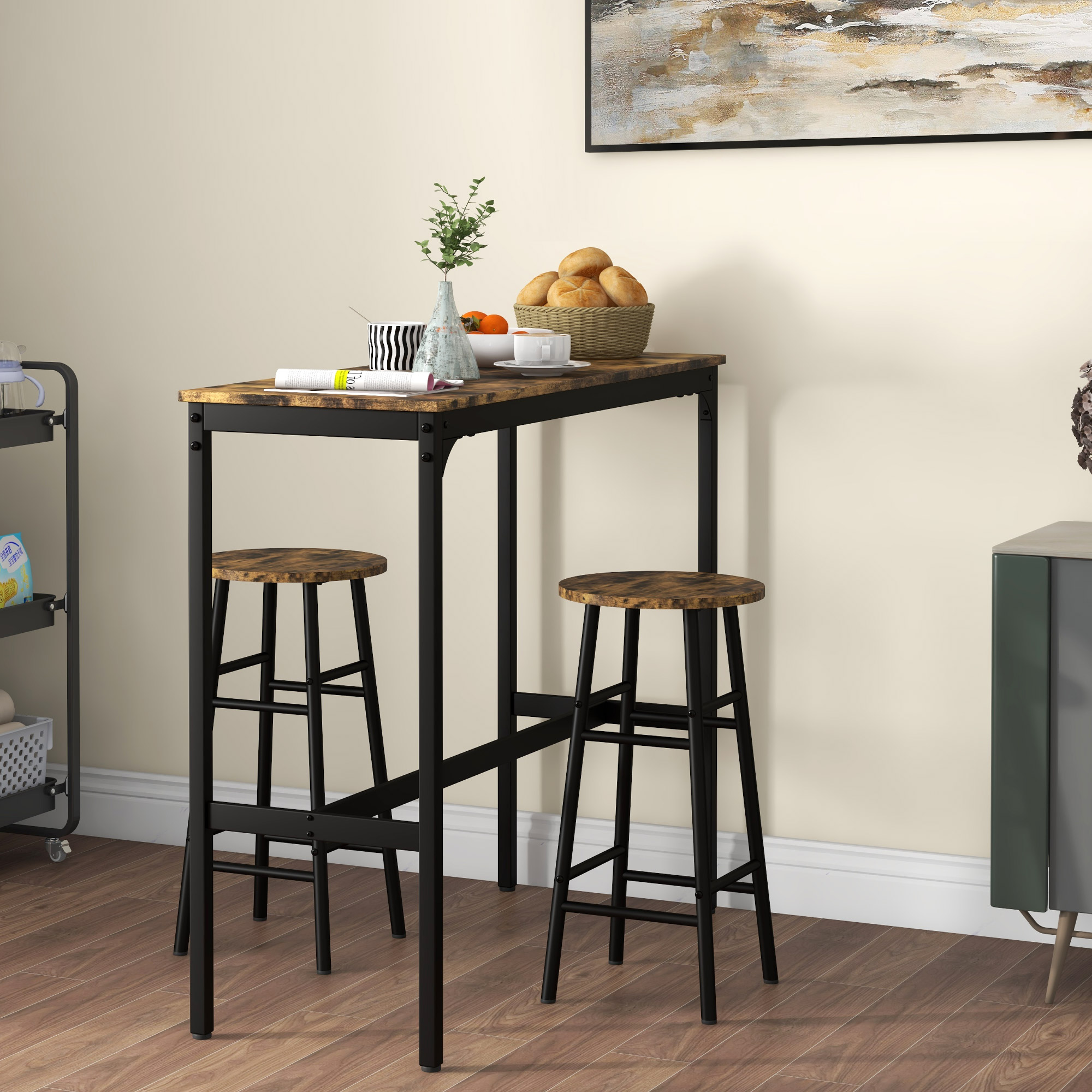 Homcom Set Tavolo Alto e 2 Sgabelli da Bar con Poggiapiedi Stile Industriale, Nero e Marrone   Aosom Italy