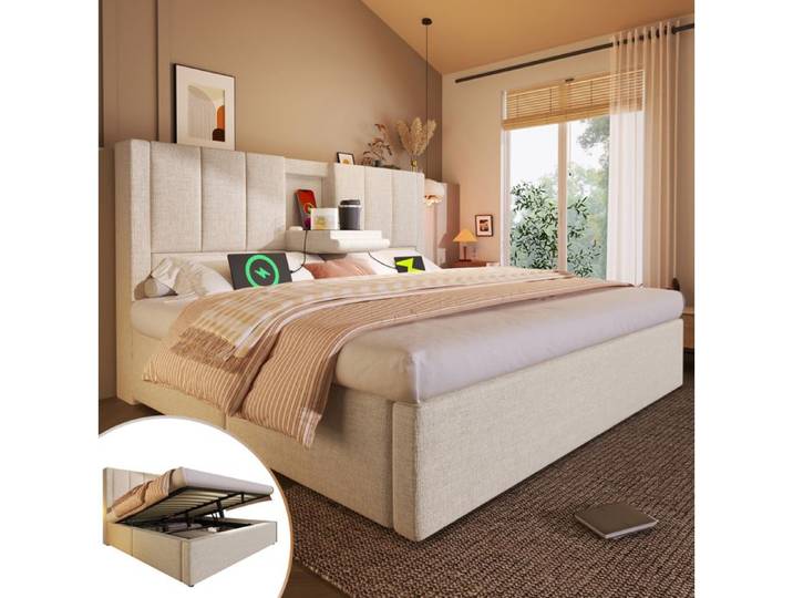 WUVRIE Lit double rembourre 160 x 200 cm avec rangement hydraulique USB et Type-C porte-gobelets beige