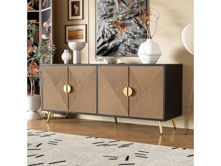 Buffet Noir 160cm-4 Portes Poignées Dorées-Pieds Brillants-Rangement Élégant-Salle à Manger Design