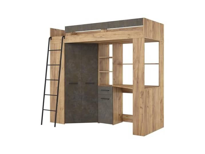 FurnitureByJDM Hochbett mit Schreibtisch und Schrank Kinderbett 80x200 cm mit Stauraum – Jugendzimmer Komplett Set– Platzsparendes FLOOR(Craft Gold Granada Braun,Linke Leiter)