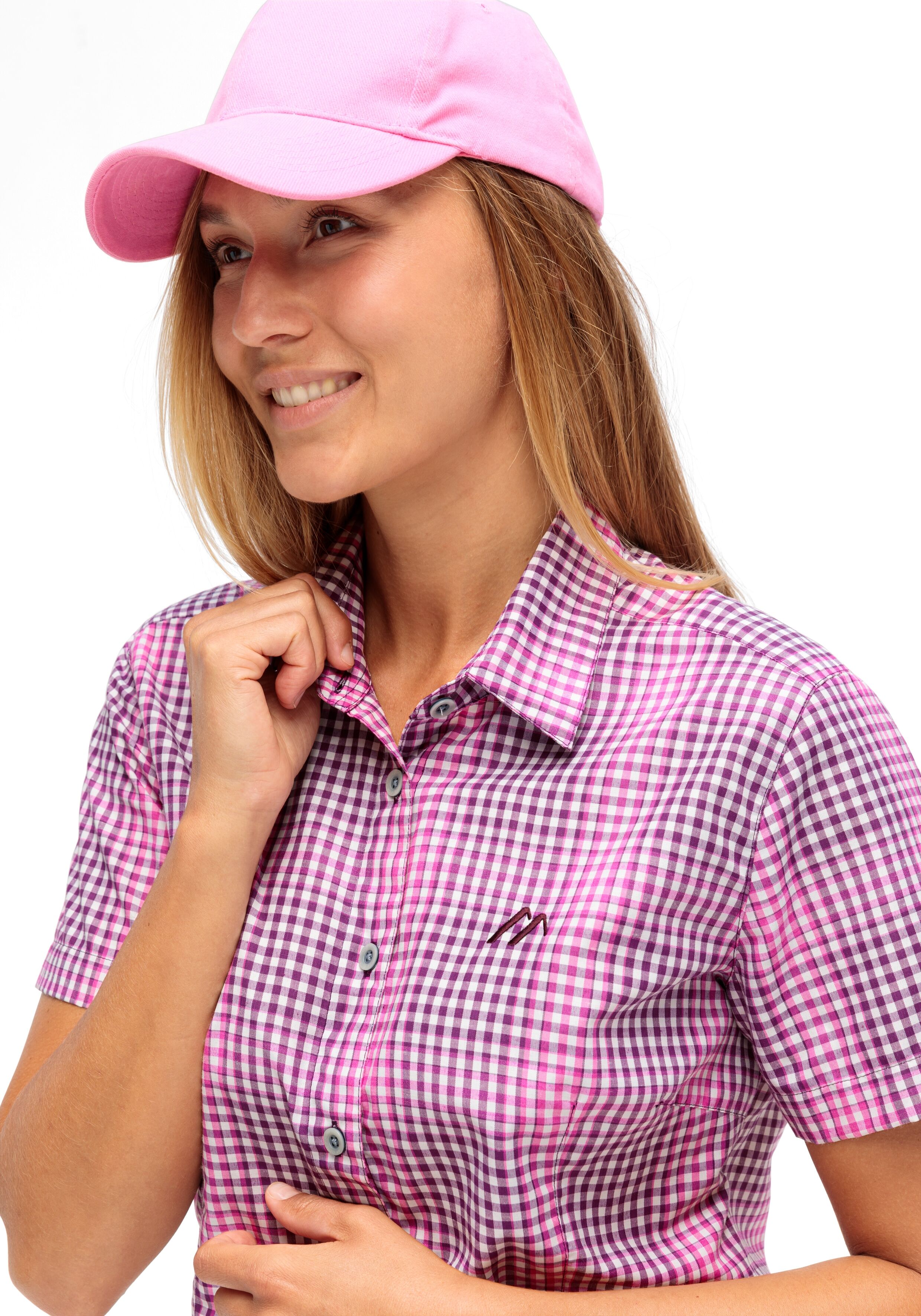 Karobluse MAIER SPORTS, Damen, Gr. 54, rosa (pick beet, pi), Web, Obermaterial: 85% Polyester, 15% Viskose, bestickt, kariert, normal, abgesteppte Kante, Blusen Karobluse, karierte Optik, mit Stickerei und Logodetail, Hemdblusenkragen pick beet, pi 54