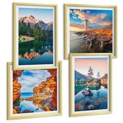 BILDER SET 4er Set - 50x50 cm & 40x60 cm Goldrahmen - Spiegelung der Felsen in Bergseen