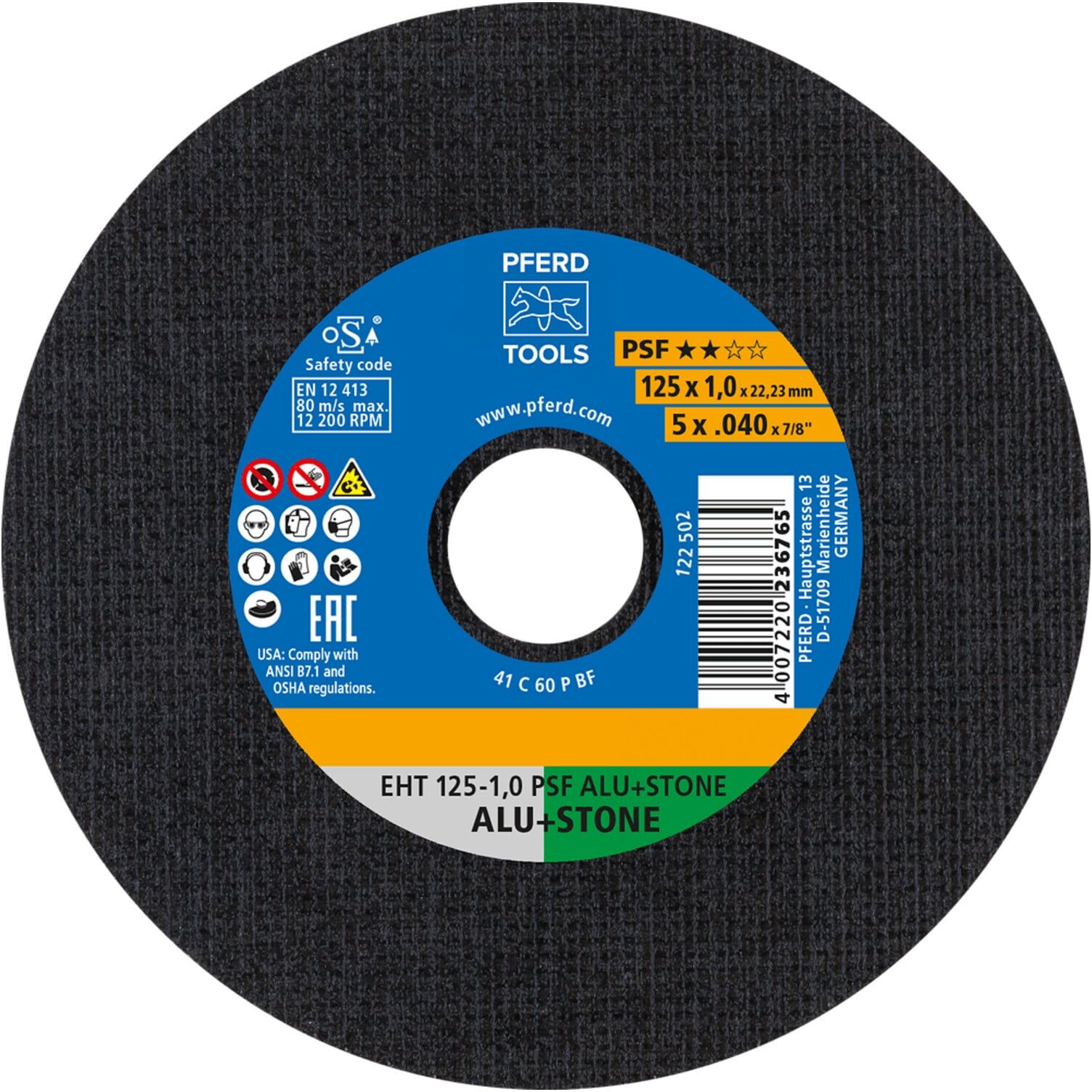 PFERD TOOLS Trennscheibe EHT 125x1,0x22,23 mm gerade Uni.-Linie PSF ALU+STONE für Alu/NE-Met./Stein/PVC (61819010)