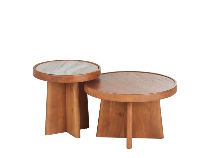 2er Set Beistelltische aus Akazienholz mit Marmorplatte