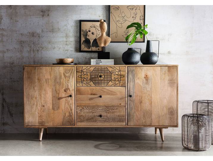 Sideboard 160x80cm 'Lyn' Mangoholz mit schwarzen Ornamenten