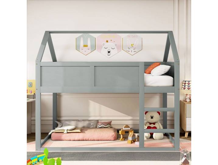 O.Ye Lit superposé enfant 90 x 200 cm lit simple superposé bas lit mezzanine avec escalier cadre en bois massif gris.