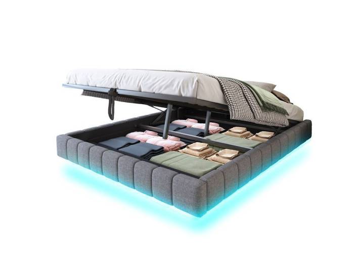 URTR Lit capitonné 160x200 cm cadre relevable hydraulique avec rangement sans tête de lit LED lin gris
