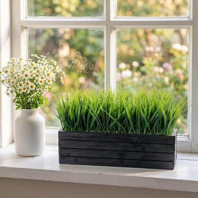 YUN "14"" Artificial Grass Plant in Black Wooden Planter, Realistic Faux Greenery for Home Decor"