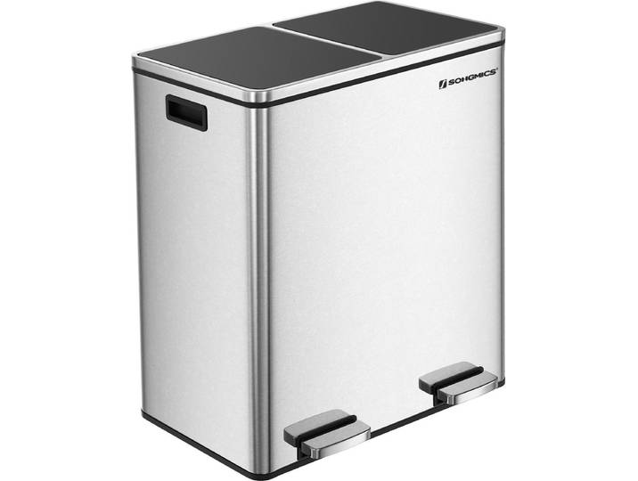 Songmics Prullenbak 60L - Pedaalemmer - Roestvrij Staal - Afvalscheidingssysteem - 2 x 30 liter