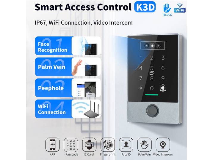 K3D TTLOCK WiFi vidéo sonnette interphone IP67 étanche RFID carte/empreintes digitales/Reconnaissance faciale/Palm Vien/PIN contrôle d'accès