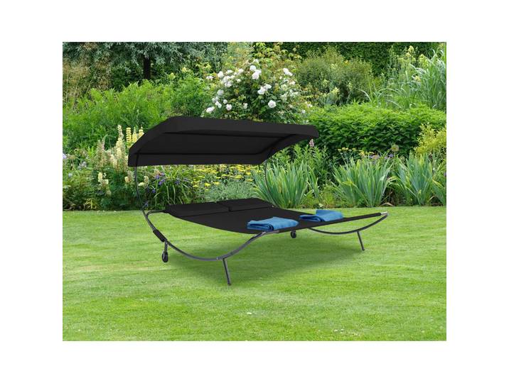 Gardenson Doppelliege, Schwarz, Metall, 130x137x200 cm, Räder am Kopfende, Kissen, verstellbares Dach, Loungemöbel, Sonneninseln