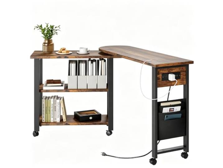 GarveeHome Sofa-Beistelltisch 360° drehbar 6 Rollen USB Ladestation 360° drehbar, 6 Feststellrollen, Steckdosen, USB-Anschlüsse, Seitentasche