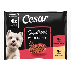 Cesar Creations 4 × 100 g Hähnchen mit Erbsen und Rindfleisch mit Möhren in Gelee