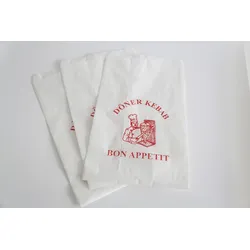 DayBays 1000 Stk. Bäckerfaltenbeutel 17+4,5x28 cm mit Druck "Bon Appetit" Kraftpapier weiss gefädelt