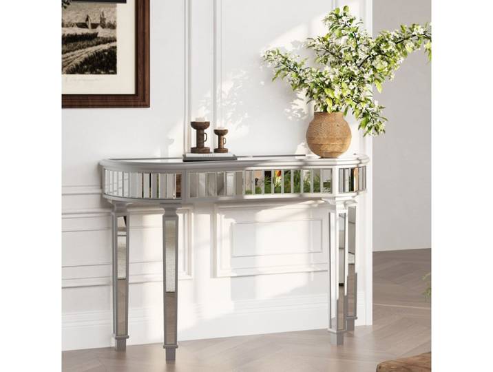 Console Demi-Lune Miroir Gris Argent Table D Entree Moderne FloraGrace Pour Entree Salon Ou Chambre 1 Tiroir 120x38x78cm