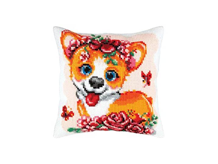 Kruissteek kussen borduurpakket corgi-puppy borduurafbeelding gedrukt