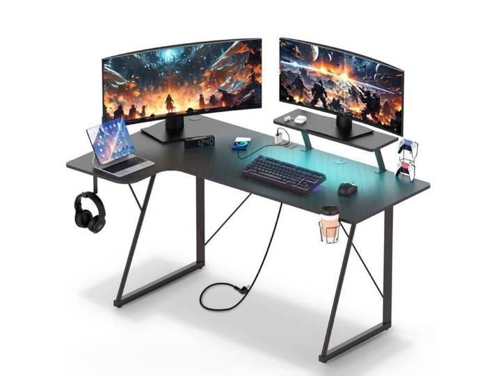 Bureau Gaming en Forme de L - Bureau d'angle Gaming avec Support d'écran - Prise de Courant - Fibre de Carbone - 150x90x75 cm -