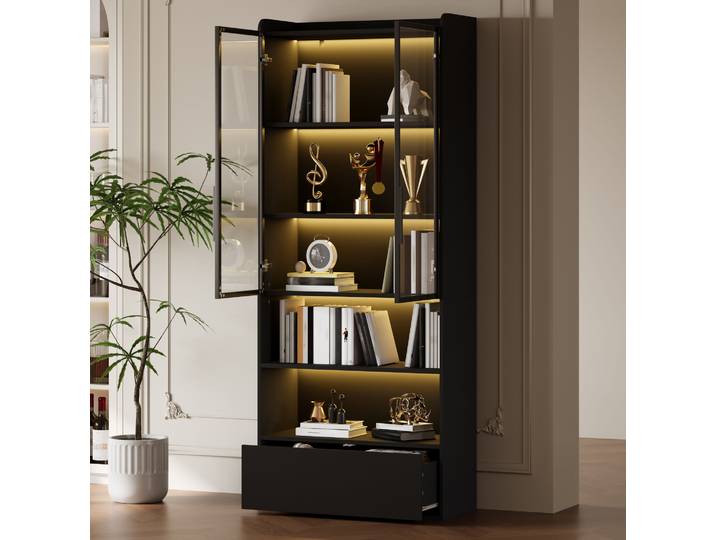 Meubliv Vitrine Haute 80x34x180 Cm Noire – Led\, Porte Vitrée Et Tiroir
