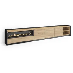 LOWBOARD, Eiche und Schwarz, 310/37/50cm, Kamin mit Feuereffekt