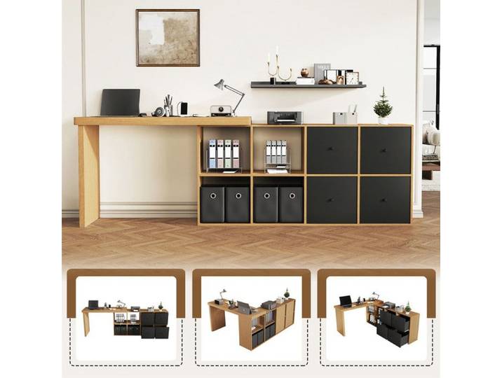 Bureau d'Angle 120 cm Bois avec Rangement et 4 Étagères Réversible en Forme de L Bureau avec 4 Tiroirs pour Télétravail Maison