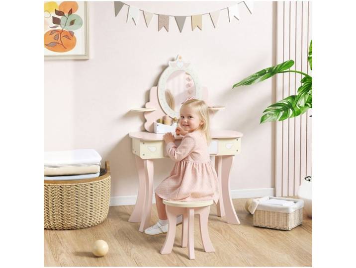 Coiffeuse enfant 2-en-1 avec bureau miroir amovible tiroir chaise et 7 accessoires rose MDF VEVXYN
