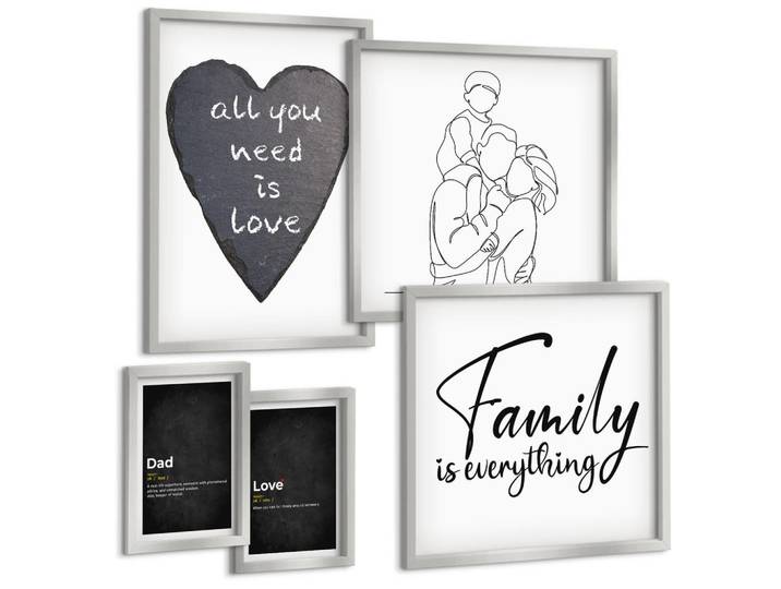Tulup Bilder SET 5er Set - 50x50 cm & 20x30 cm & 40x60 cm Silberner Rahmen - Definitionen der Liebe in Familienzeichnungen, Silberfarben, Kunststoff, Rechteckig, 40x60 cm, Fotografie, Bilder & Rahmen, Bilder