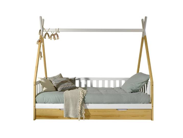 58 aufm Kessel Kinderbett Zeltbett Karyn 206x96x185 Kinderbett Bodenbett Massivholz Weiß/natur (inkl. Versand, Lieferung bis Verwendungsstelle), Liegefläche 90 x 200, Sprossenumrandung, Bettschublade mit Stauraum