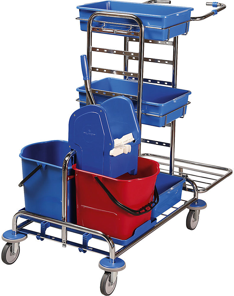 kaiserkraft Reinigungswagen-Set, LxBxH 1050 x 580 x 1100 mm, 3 Kunststoffschalen, 10 Mopps, Breitwischmopp-Set