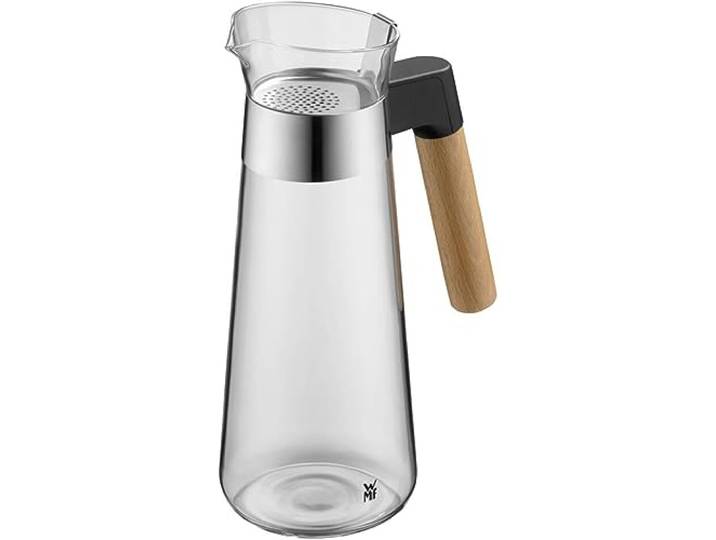 WMF Kineo Wasserkaraffe, 1 Liter, weite Öffnung, herausnehmbares Sieb, passt ins Getränkefach handelsüblicher Kühlschränke, spritz- und tropffreies Ausgießen, hitzebeständiges Glas, Holzgriff