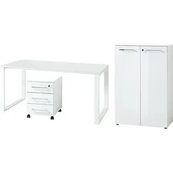 Büro-Set MUENCHEN 3-tlg Weiß   Schreibtisch, Schrank, Container   Glasfront