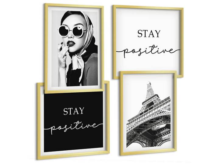 Tulup Bilder SET 4er Set - 50x50 cm & 40x60 cm Goldrahmen - Porträts, Eiffelturm-Slogans, Goldfarben, Kunststoff, Rechteckig, 50x50 cm, Fotografie, Bilder & Rahmen, Bilder