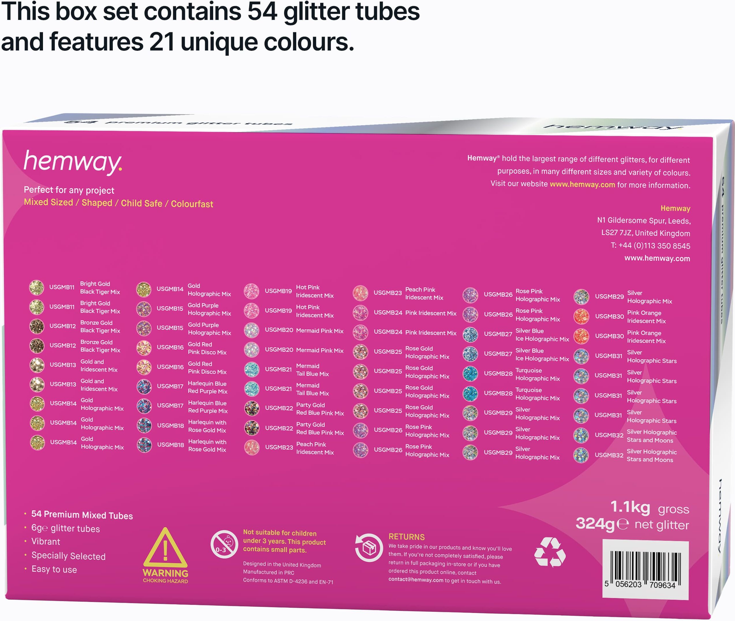 Hemway 54 Mixed Glitter Tube Box Set   Ultra Sparkle   Epoxy, Nail, Body, Craft - 54 Pack