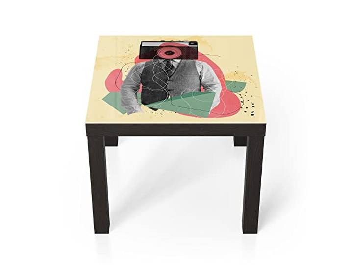 DEQORI Glastisch schwarz klein 55x55 cm Motiv Mann mit Kamerakopf ausgefallener Beistelltisch aus Glas Hochglanz Couchtisch fürs Wohnzimmer moderner Couch Tisch mit Design