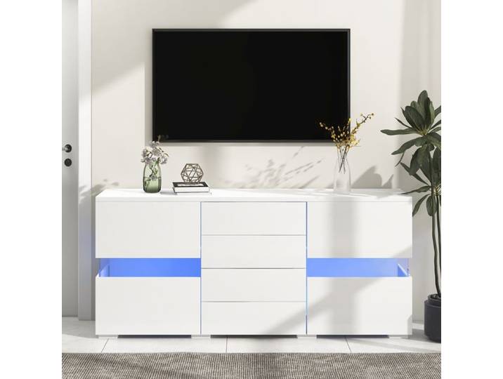 Buffet - Buffet bas 2 portes 4 tiroirs - LED intégrées - Finition brillante - 140x35x72 cm