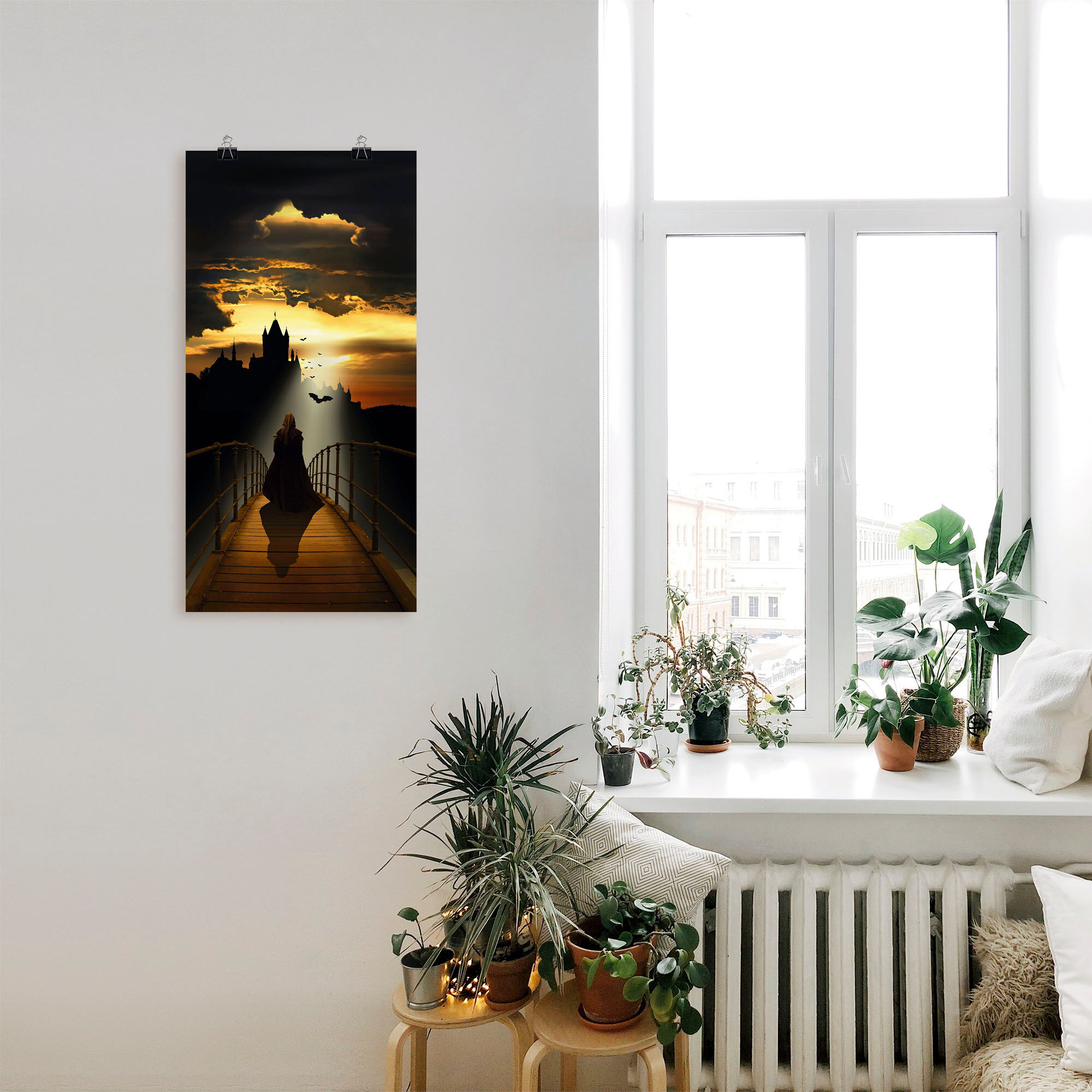 Poster ARTLAND "Der Mönch auf dem Weg zur Burg", braun (farbe bild(er): braun), B:50cm H:100cm, Bilder, Poster, ohne Rahmen farbe bild(er): braun B/H/T: 50cm x 100cm, Poster Dark Fantasy Hochformat, 1 Stk.