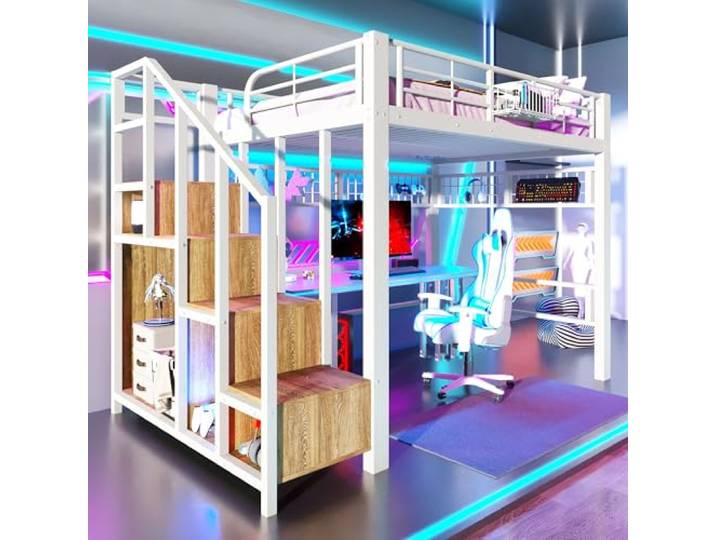 BTM Metall Hochbett 140x200 mit Stauraum, Aufhängen & LED Beleuchtung Hochbett Jugendliche mit Treppe, Weiß