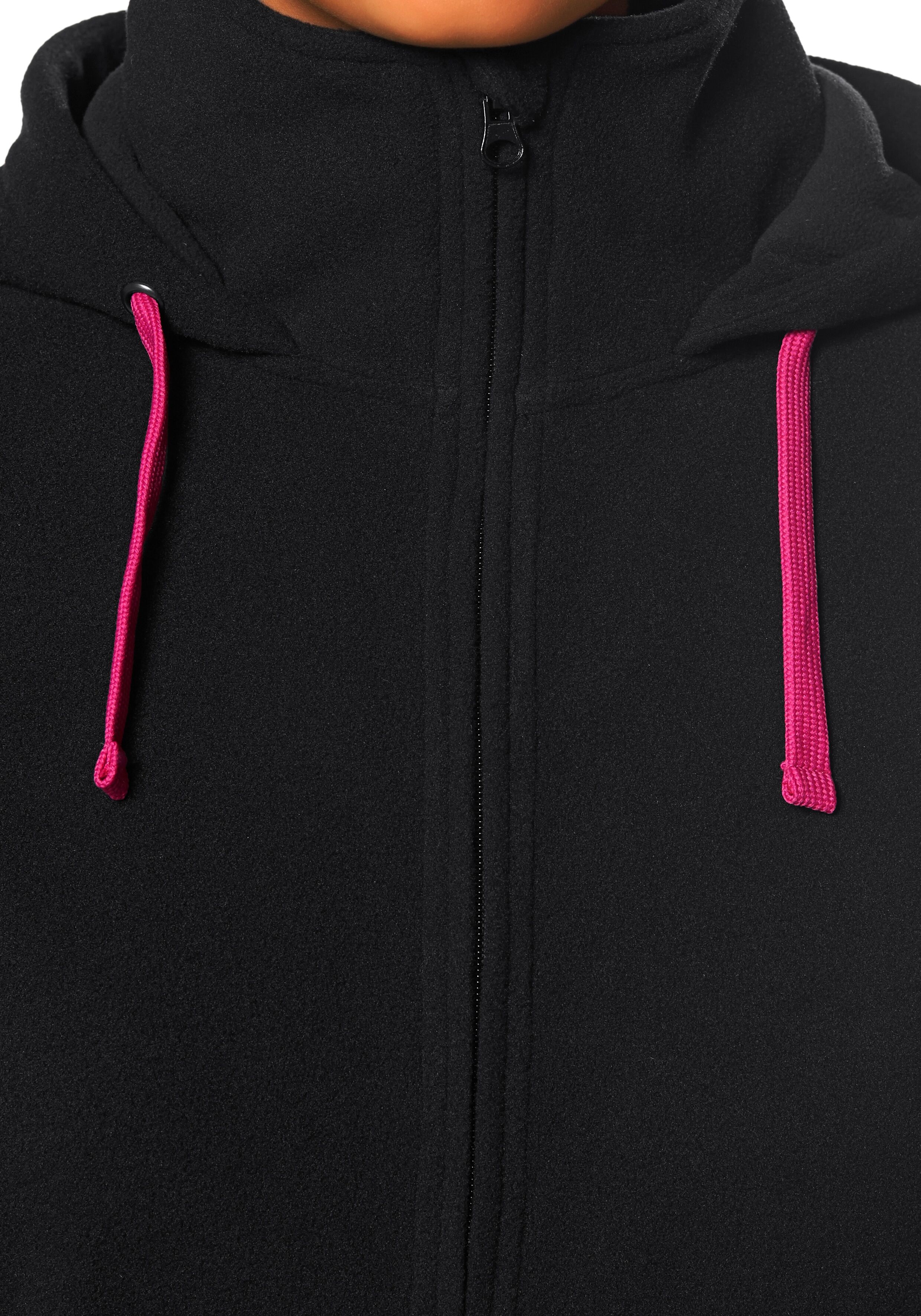Fleecejacke H.I.S "aus recyceltem Material", Damen, Gr. 56/58, schwarz, Fleece, Obermaterial: 100% Polyester, Jacken Fleecejacke, für kalte Temperaturen, mit Kapuze und Kordelzug, atmungsaktiv schwarz 56/58