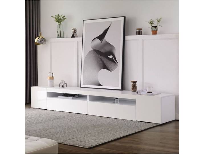 Meuble TV moderne blanc 240 cm avec éclairage LED variable structure MDF