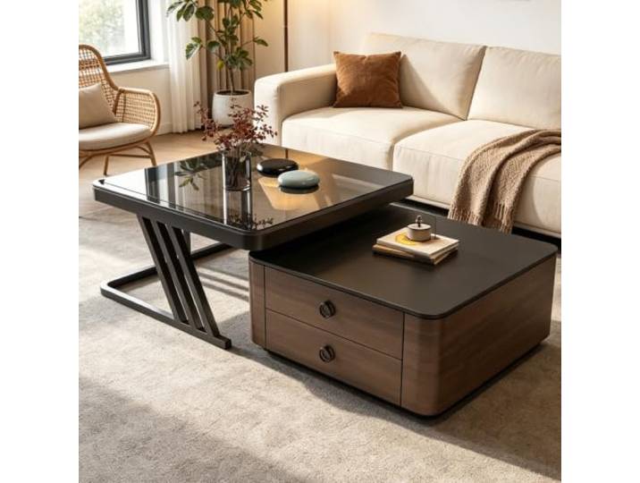 Mid-Century Couchtisch-Set handgefertigt, zwei versteckte Stauraumschübe Couchtisch stapelbar platzsparend, einteiliges Gießverfahren, stabile wackelfreie Konstruktion(Black)