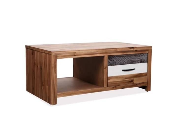 HEFZGDB Couchtisch Massivholz Akazie 90x50x37,5 cm mit Schublade und Ablage in Schwarz-Weiß, robuster Wohnzimmertisch mit Stabiler Platte für Stauraum und Aufbewahrung, praktischer