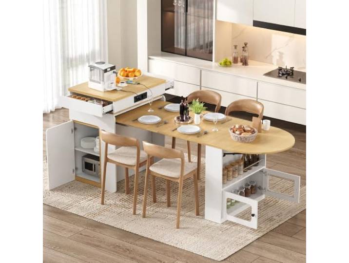 DUlVBPE Kücheninsel mit Rollen, Ausziehbarer Esstisch mit Steckdosenleisten und LED-Beleuchtung, Anrichte mit Schubladen, dient als Kücheninsel, Sideboard oder Bartisch für Küche und Esszimmer (Weiß)